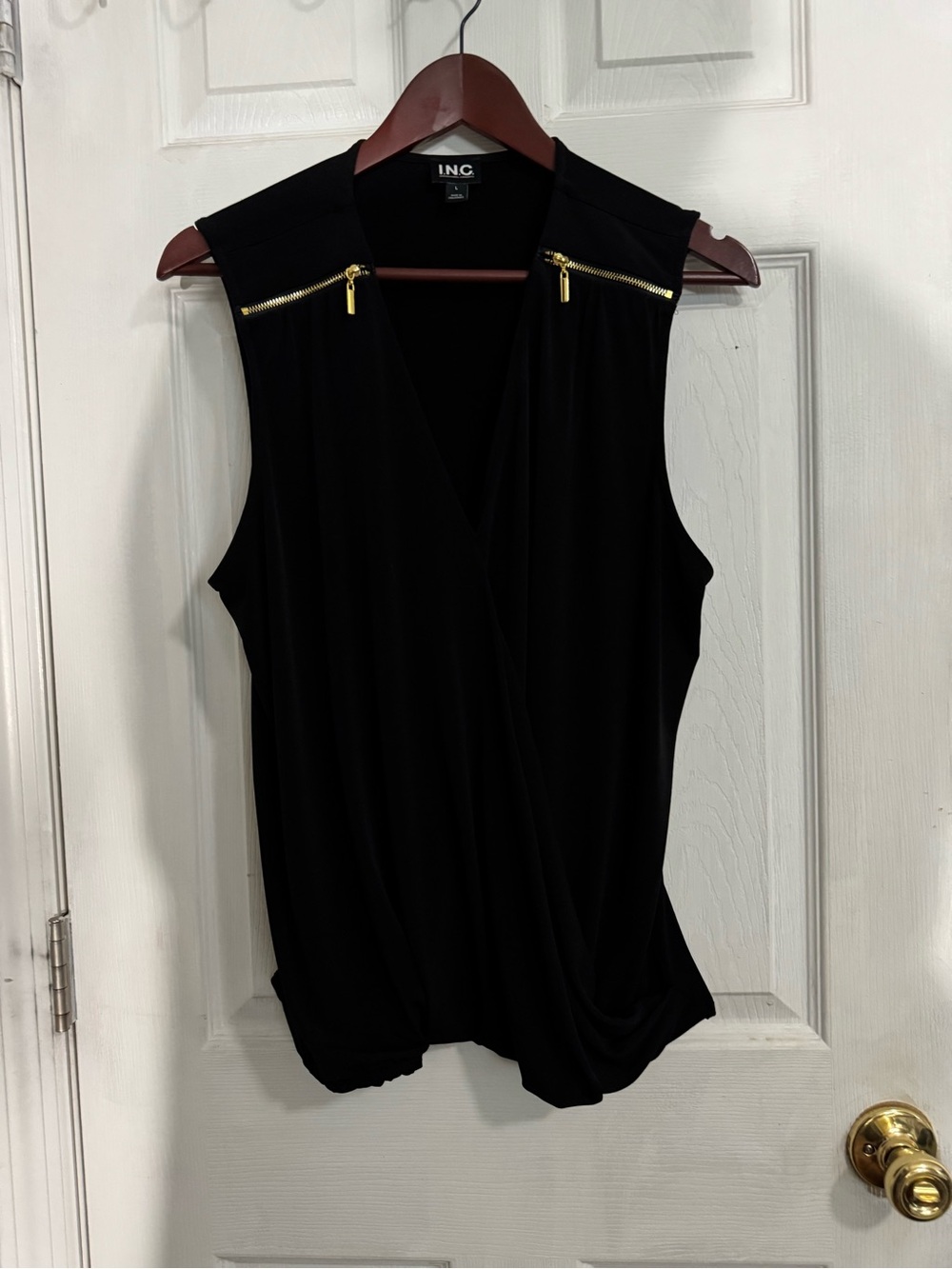 INC International Concepts Black Sleeveless Wrap-Front Top with Gold Zippers